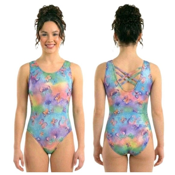Satara Leos Tops - Satara VTG Neon Tie Dye Butterfly Sparkle Accent Tank Crossback Leotard Size AL